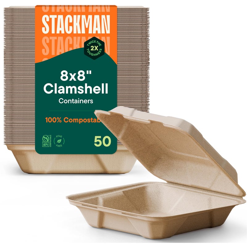 Stack Man 100% Compostable Clamshell Take Out Food Containers [8X8" 50-Pack] Heavy-Duty Quality to go Containers, Natural Disposable Bagasse, Eco-Friendly Biodegradable Made of Sugar Cane Fibers - Image 1